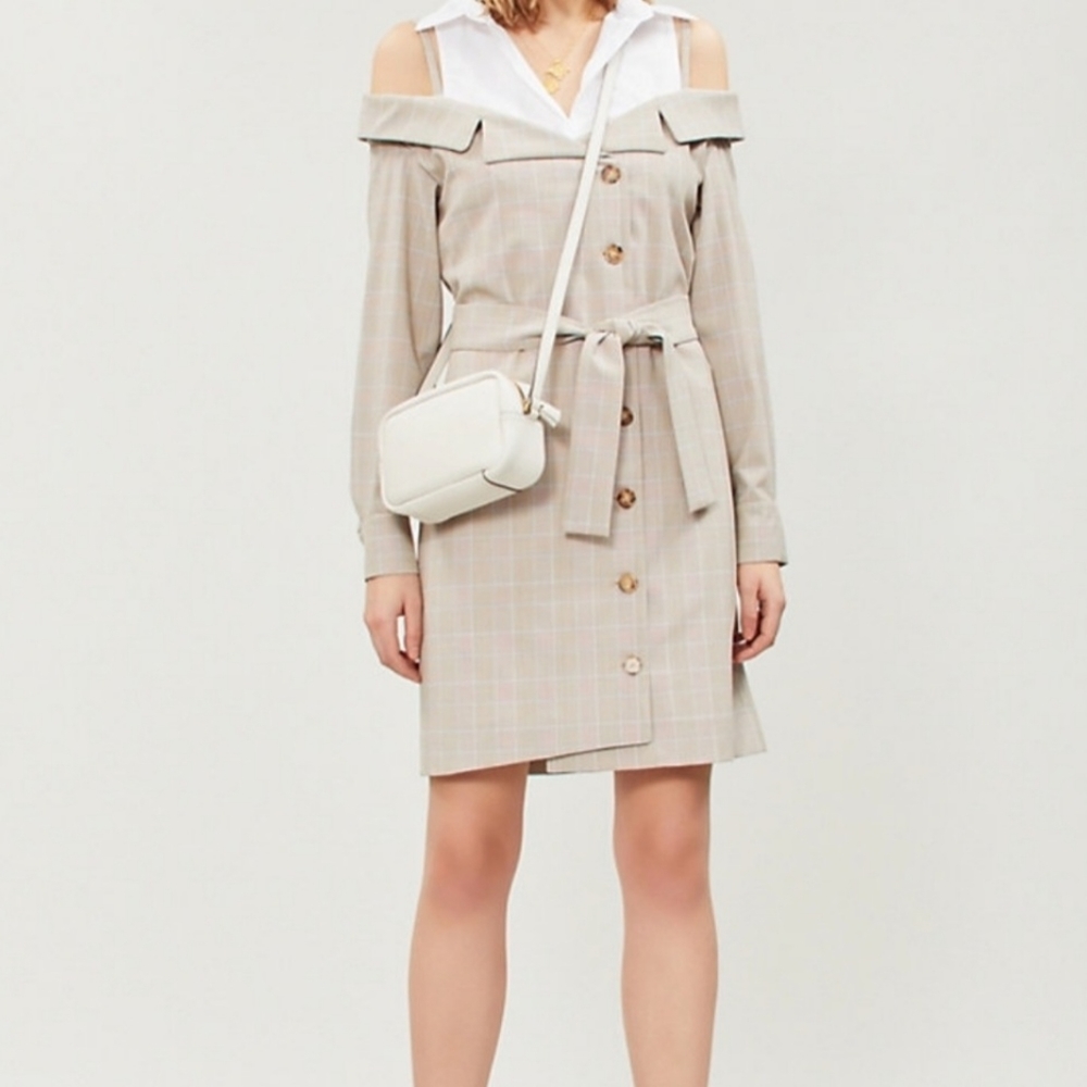 Maje Off Shoulder Cotton Beige Button Down Dress